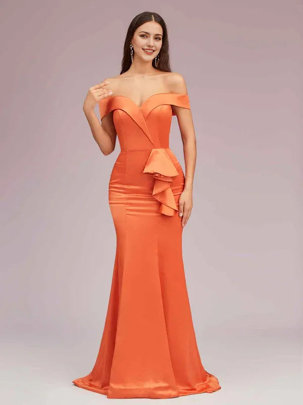 Robe Weitese élégante en satin doux, style sirène, épaules dénudées, longue, unique, couleur unie, à volants, robe de bal